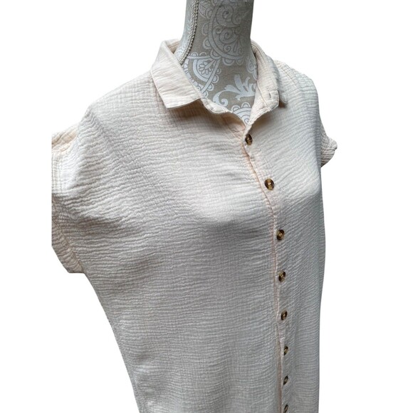 Womens Oversized Shirt Dress M Nude Pink Textured Gauze Button Down Side Slits - Picture 7 of 16